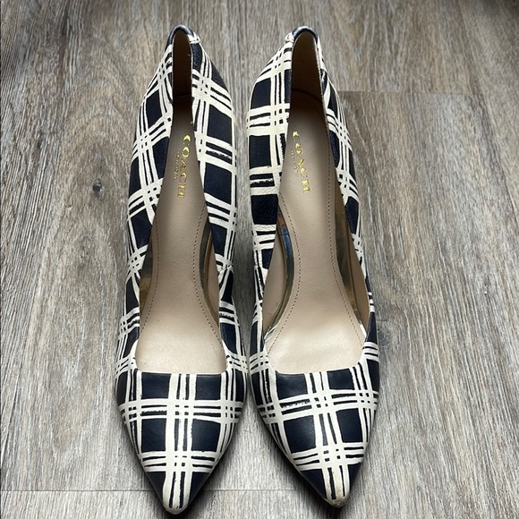 Coach Leather Black and Cream Plaid Heels Size 9 B - Picture 2 of 16